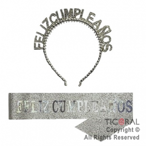 SET VINCHA PLSTICA PERLAS Y BANDA FELIZ CUMPLEAOS GIBRE PLATA X 1